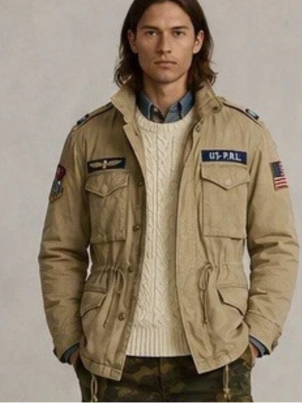 RARE - Polo by Ralph Lauren Khaki Military Field Jacket with Patch Accents